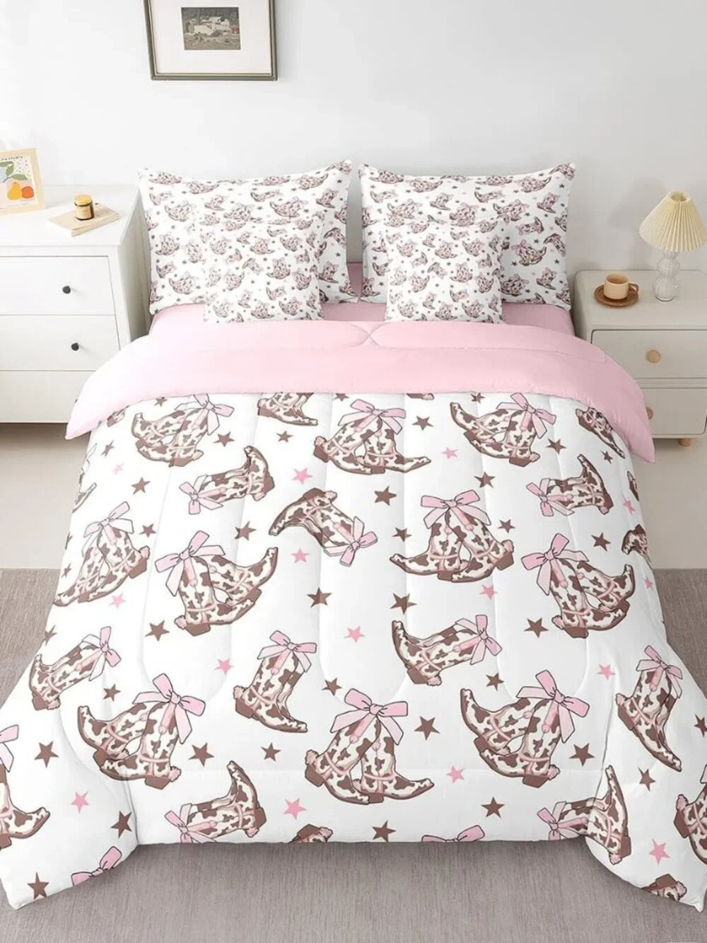 Cowgirl 7 Pieces Bedding Set Twin,Western Tribal Boots Pink Princess Bowknot Whi